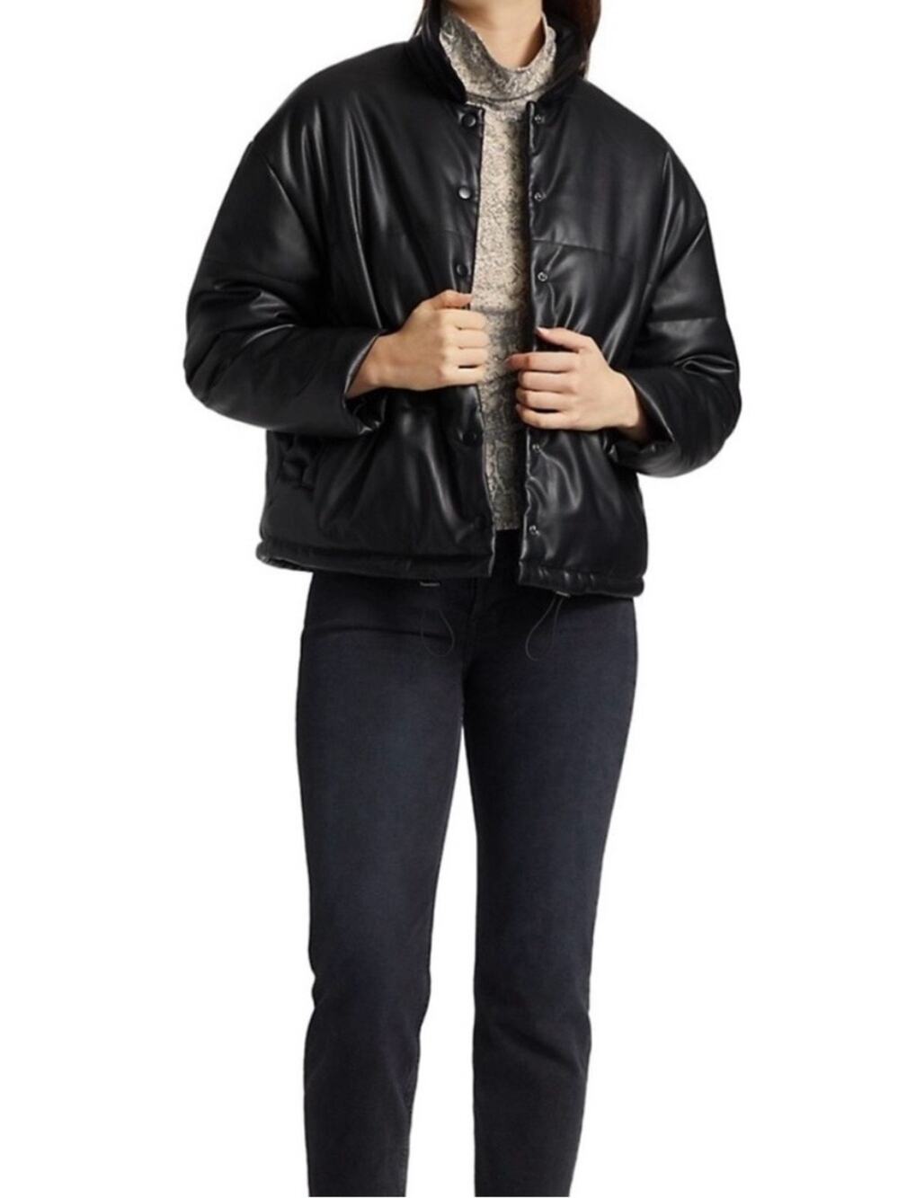 Rails Otto Vegan Faux Leather Puffer Jacket Black Size Large